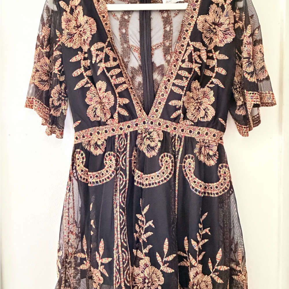 Floral Embroidered Black Romper